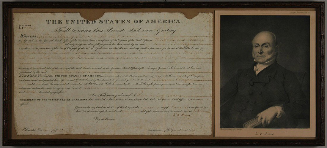 John Quincy Adams Signed Document: Framed John Quincy Adams signed land grant certificate, No. 6349, recorded Vol. 14 and page 16, dated June 1st, 1825, awarding eighty (80) acres of land in Franklin County, Indiana to William Mowery. 