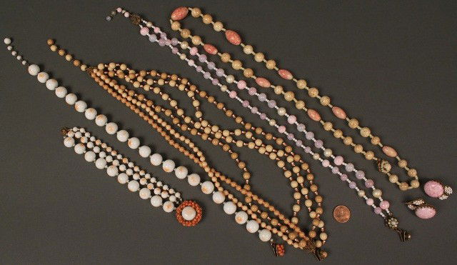 6 Miriam Haskell Jewelry Items, signed: 6 Miriam Haskell Jewelry Items. 1ST ITEM: Coordinating 3-strand bracelet (7-1/4"L) and single-strand necklace of mottled peach and white beads, with flower clasps (17"L). Maker's mark on clasps. 2ND I