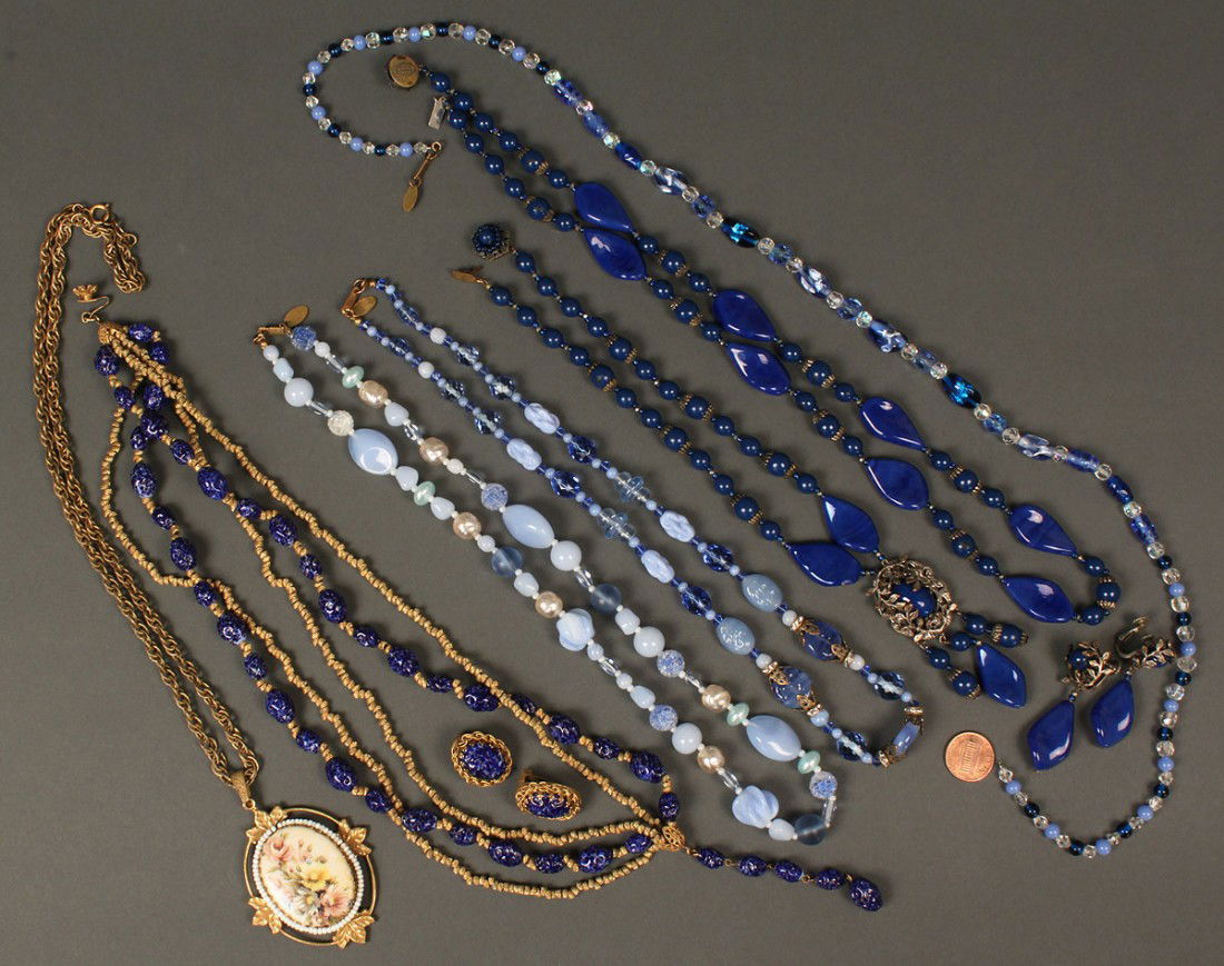 7 Miriam Haskell Necklaces & 2 pair Earrings: 7 Miriam Haskell Necklaces & 2 pair Earring. 1ST ITEM: One 5-strand brushed gold metal and blue stone choker & companion earrings, 1" H, clip-back. Maker's mark on clasp and earring backs. 2ND ITEM: O