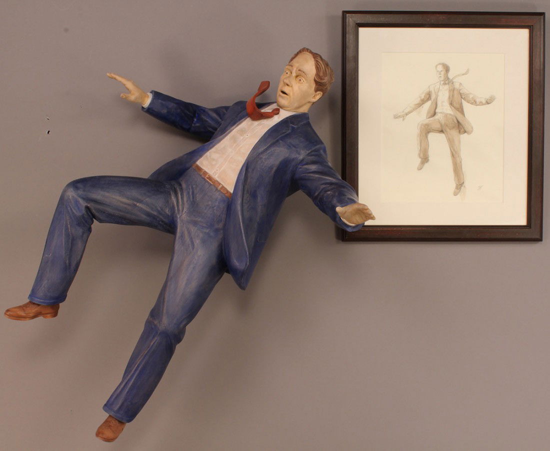Bob Trotman, untitled sculpture, 2007: Robert Trotman (American, b. 1947), untitled sculpture, depicting a man in free fall. Wood, tempera, and wax. Exhibited, North Carolina Museum of Art, 2011. 30"H x 22"W x 9"D. Provenance: estate of A.