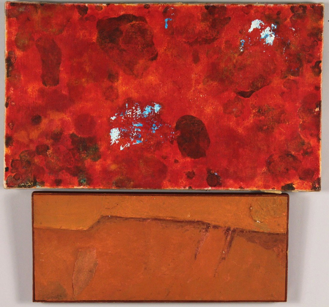 2 contemporary works of art: Siegriest & Spaulding: 1ST ITEM: Framed mixed media on board titled "Gold Ridge" by Louis L. "Lundy" Siegriest (American, California, 1925 - 1985), signed on reverse. Sight: 6" H x 14 3/8" W, Framed 6 3/8" H x 14 5/8" W. 2N