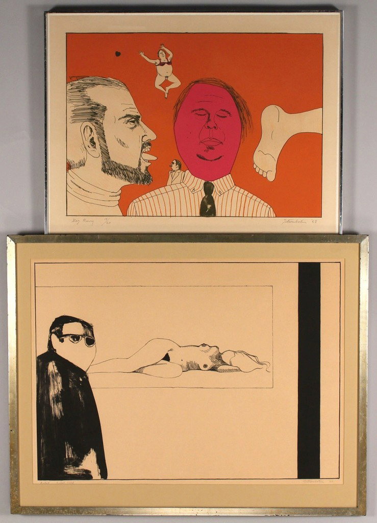 J. Strombotne, Lot of 2 Prints, "Artist" & "Big He: Lot of 2 Prints by James S. Strombotne (b. 1934, American, California). 1ST ITEM: "Artist," 1963 , Artist Proof, signed "Strombotne" bottom right. Sight: 20 1/2" H x 28" W. Framed 25 3/4" H x 32 3/4" 