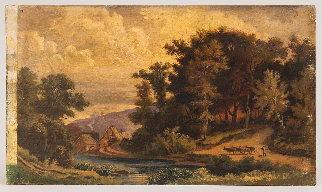 19th C. European Oil on board landscape: Continental European oil on board landscape, depicting cows and herder in right foreground with a mill and a house in the middle ground. Late 19th century. Period giltwood frame with carved leaf folia
