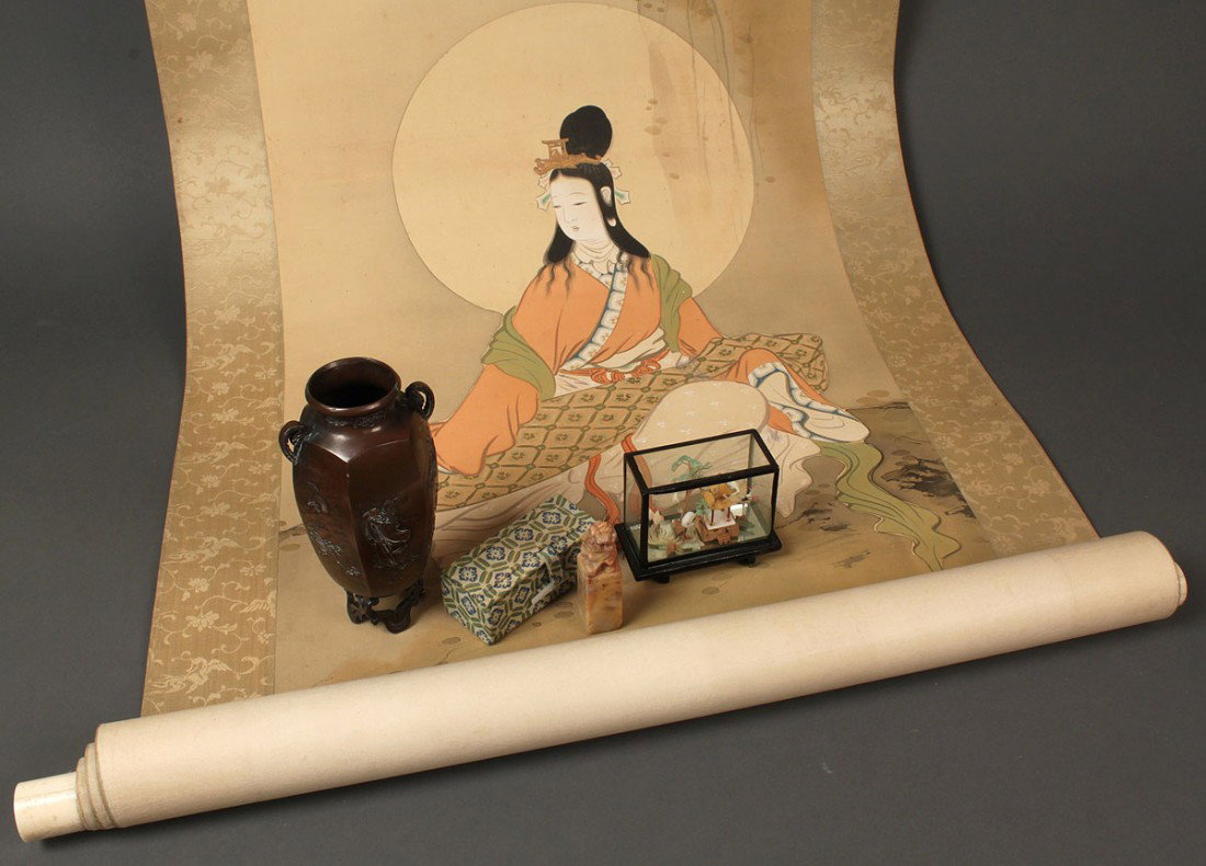 Four Asian Items: seal, vase, scroll & diorama: 1ST ITEM - Chinese hardstone seal with carved foo dog finial, with its original box. 3 3/8" L. Early 20th century. 2ND ITEM - Japanese two handled bronze paneled vase, each with relief decoration incl