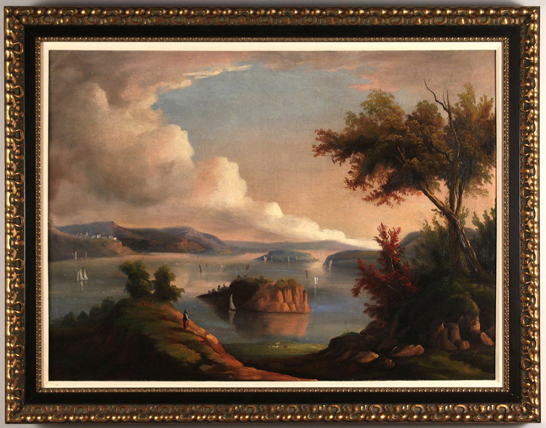 Hudson River School oil, attrib. Thomas Chambers: 19th century Hudson River School landscape painting, attributed to Thomas Chambers(London, New York, Boston 1808-1866). Forested bluff in the foreground with a figure overlooking the Hudson River with