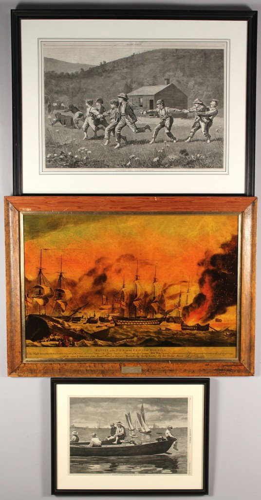 Two Winslow Homer wood engravings & ship engraving: Two wood engravings after Winslow Homer from Harper's Weekly: Gloucester Harbor (1873) and Snap the Whip (1870). Modern black frames. 10" x 14 1/2" and 14 1/2" x 21" sight. Together with a ship engrav
