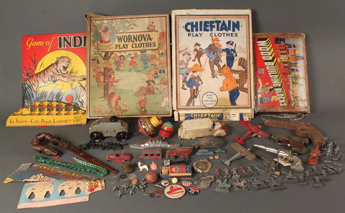 Lot of assorted of Vintage Toys Over 36 items: Large assembled lot of over 36 vintage toys: unpainted lead figures, New York 1939 World's Fair bank, camera and black leather bag, white painted ambulance, cast and wooden toy guns, metal planes, boa
