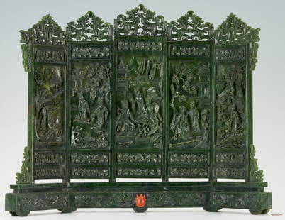 Chinese Carved Spinach Jade Table Screen: Chinese spinach jade carved table screen comprising five graduated panels. Each panel is carved with figural landscape scenes of lavish gardens, obverse, and mountain landscape scenes, reverse, and