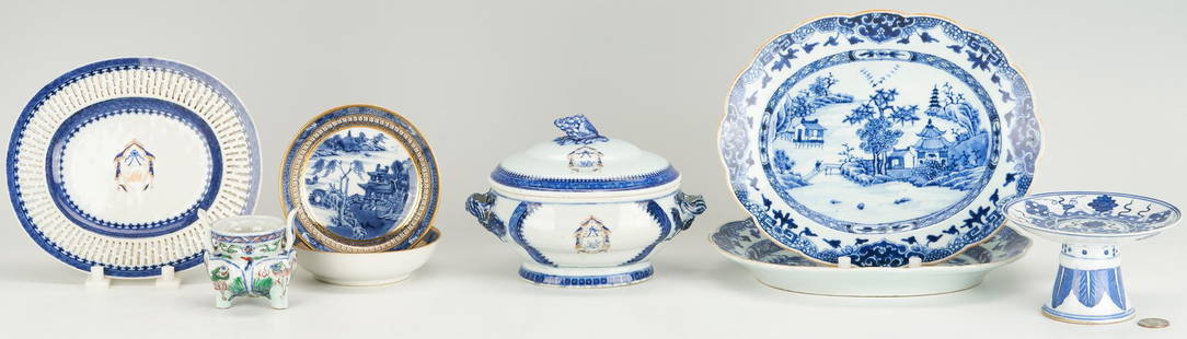 8 pcs Blue & White Porcelain incl. Chinese Export: Eight (8) blue and white porcelain items, including one (1) Chinese Export armorial sauce tureen with naturalistic handles and bud finial, shield monogrammed JLG with swag surround; one (1) Chinese