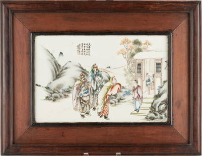 Chinese Famille Rose Porcelain Framed Plaque: Chinese Famille Rose horizontal porcelain plaque, depicting a group of three warriors in colorful garb standing outside a building; one of the warriors appears to talk with a figure in civilian clothi