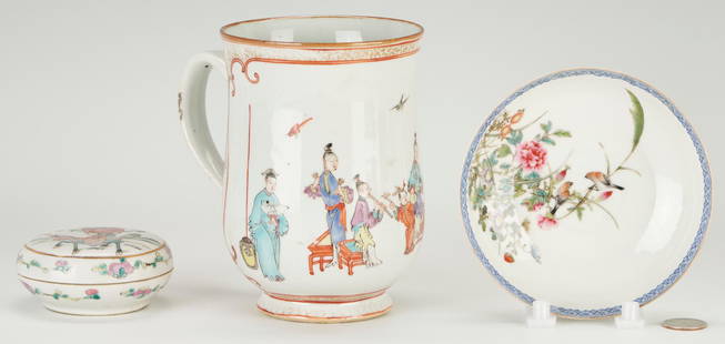 3 Pcs. Chinese Famille Rose Porcelain, incl. Yung Cheng: Three (3) Chinese Famille Rose Export porcelain items including: one (1) seal paste or wax round covered jar with figure atop foo dog decoration to the lid, one (1) large Chinese export porcelain