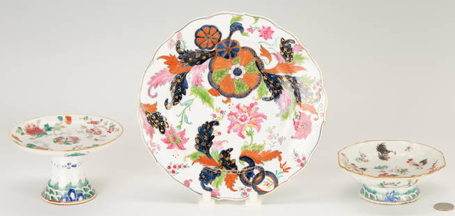 Chinese Export Tobacco Leaf Plate & 2 Tazzas, Rooster design: Three (3) Chinese Export porcelain items, including one (1) rooster decorated Famille Rose footed dish with a shaped gilt rim, wave decoration to the foot, and Qing seal mark to the base, 2" H x 5