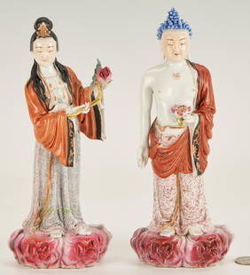 2 Chinese Polychrome Figures, Standing Buddha & Guanyin: Two (2) Chinese polychrome porcelain figures, including one (1) standing Gandhara-style Buddha with stylized blue hair holding a lotus with a Buddhist symbol for peace centered on his chest, and one (