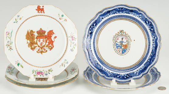 5 Chinese Export Armorial Porcelain Plates, Yelverton of Essex & Gordon: 1st-3rd items: Three (3) octagonal armorial plates bearing the arms of Yelverton Earl of Essex with motto FOY EN TOUT surrounded by gilt chain and foliate sprays to rim. One with sticker label