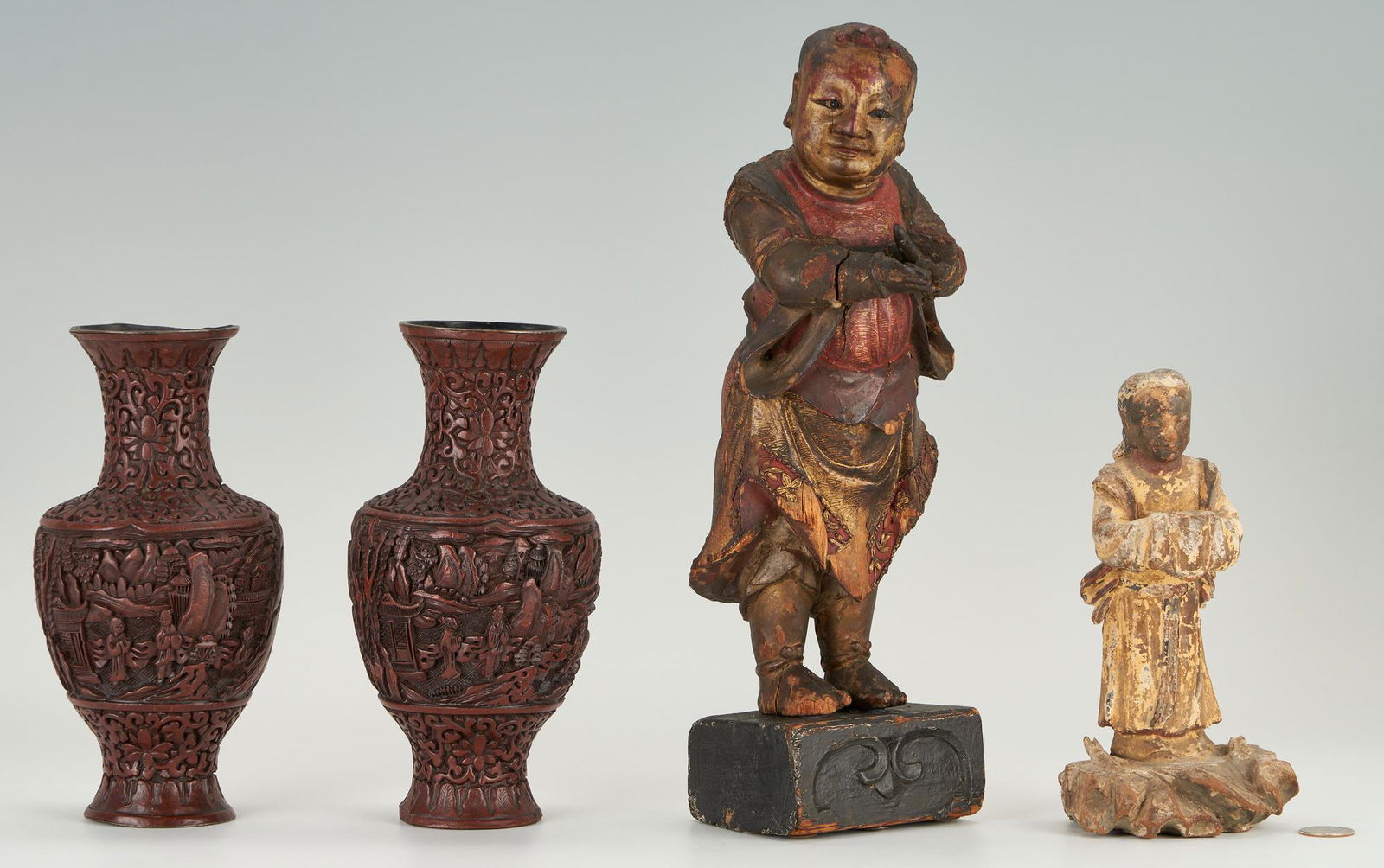 2 Carved Chinese Buddhist Figures plus Pr. Cinnabar Tixi Lacquer Vases (1 of 11)
