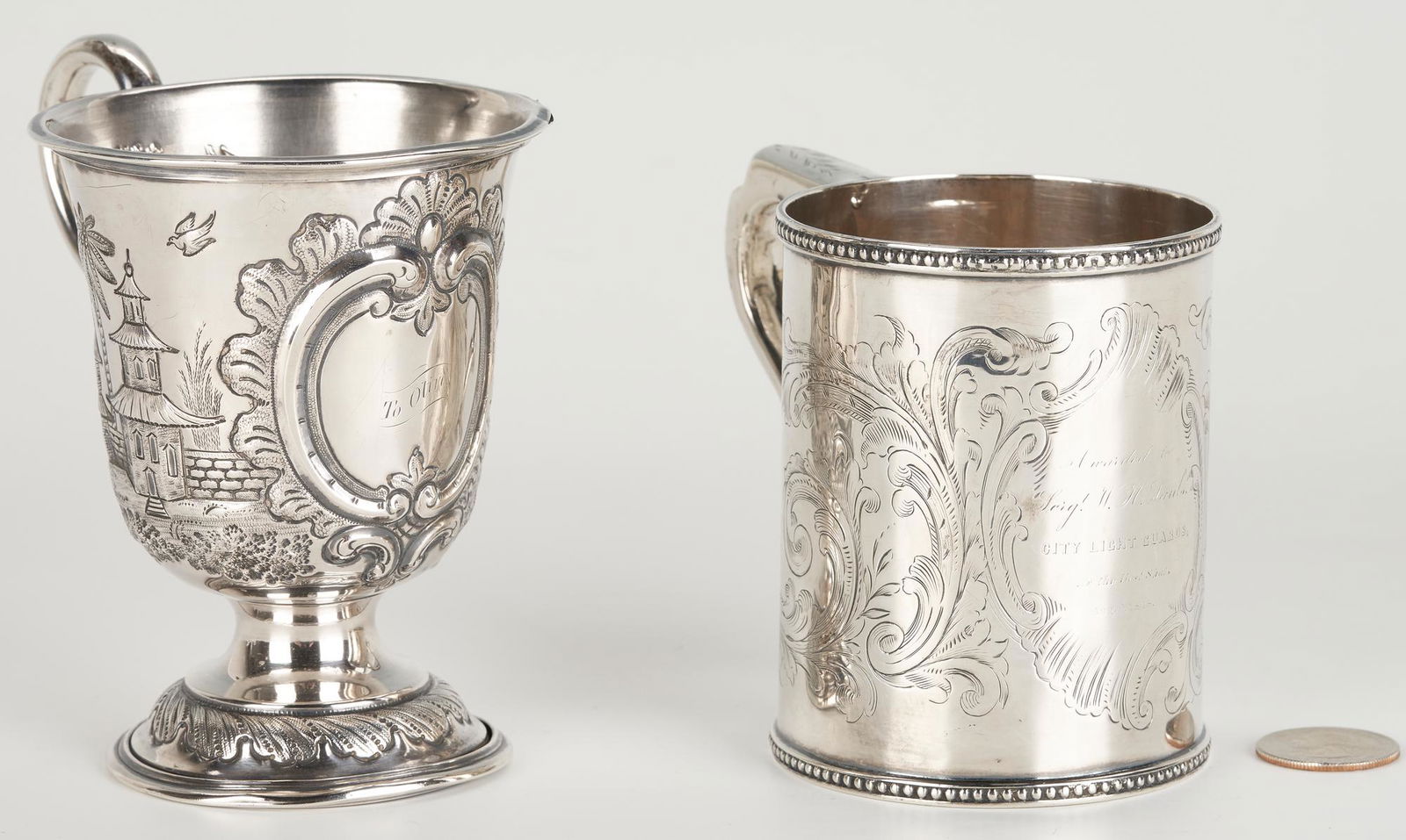 2 19th C. Silver Cups, Mexican War Era Presentation & Bailey Chinoiserie: One (1) Coin Silver cup and one (1) Sterling cup. 1st item: George Sharp for Bailey & Co. sterling silver footed cup with repousse Chinoiserie decoration including pagodas and palm trees. Central cart