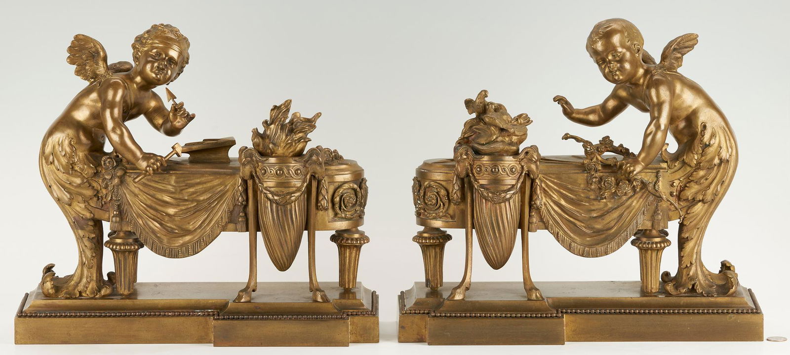 Pr. Louis XV Style Gilt Bronze Chenets, Cherub Blacksmiths (1 of 19)