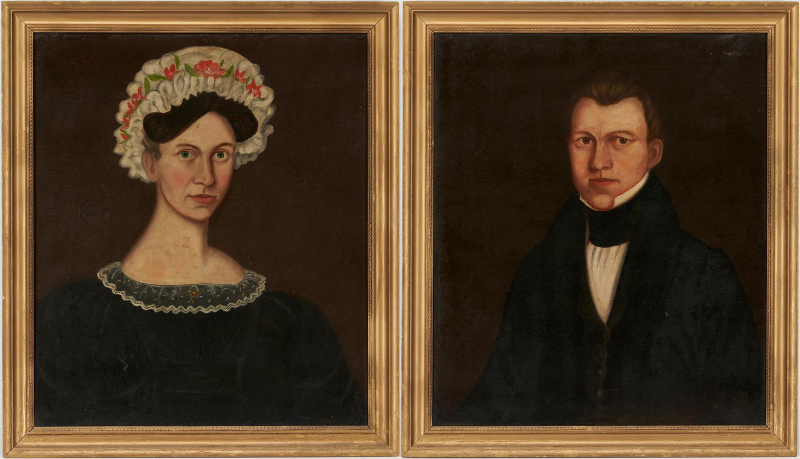 Manner of Zedekiah Belknap, Pair of 19th C. Folk Art Portraits O/C (1 of 20)