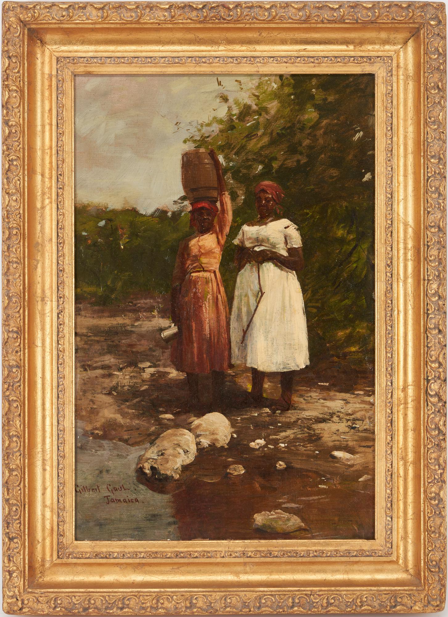 Gilbert Gaul O/C Painting, Women by a River, Jamaica: Gilbert Gaul (New York/Tennessee/New Jersey, 1855-1919) oil on canvas painting depicting two female figures standing on a riverbank with rocky terrain, one holding a branch and the other holding a jug