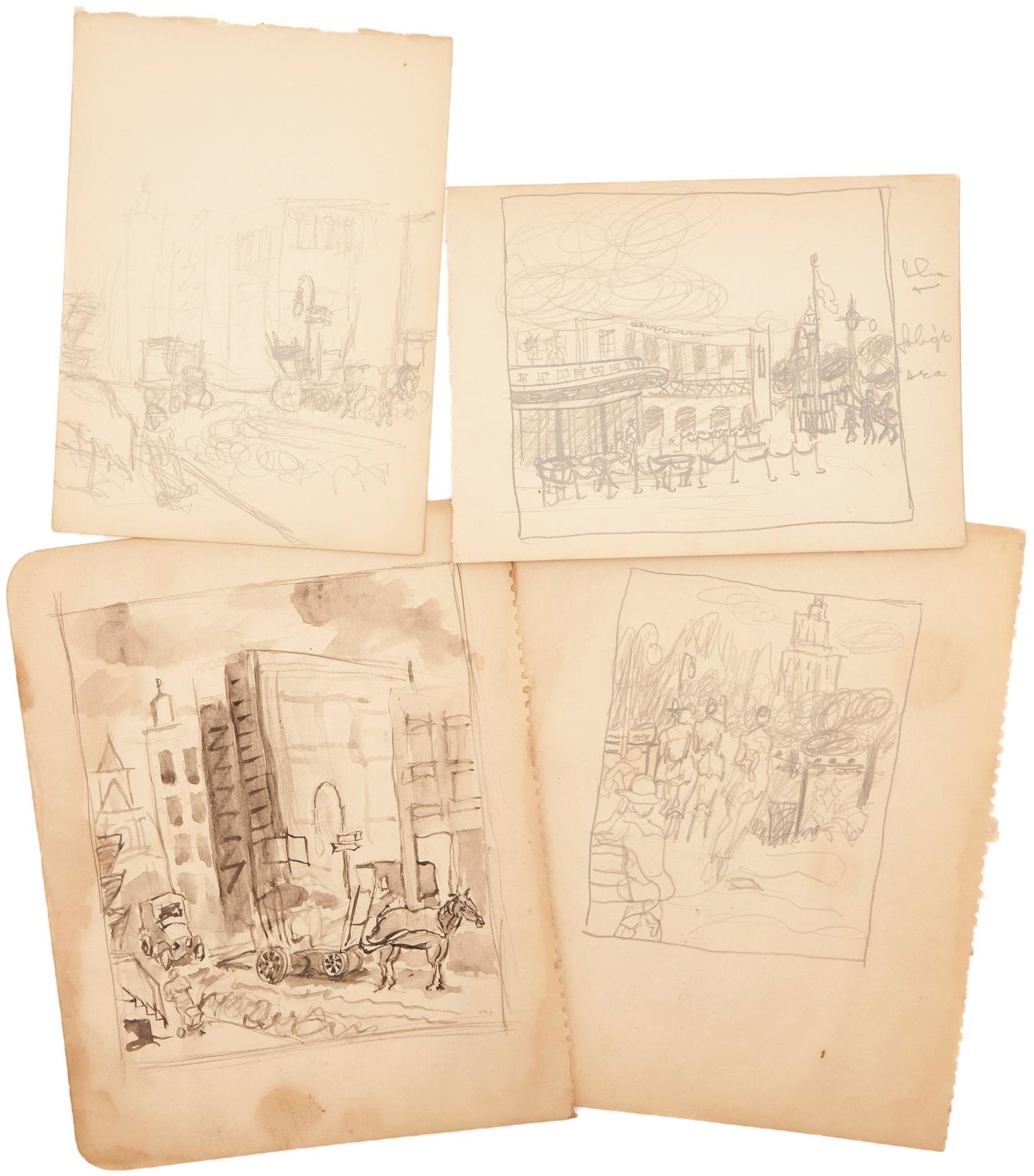 4 Joseph Delaney New York Street Scenes, incl. 1 Watercolor & 3 Pencil Drawings, 1 Signed: Four (4) Joseph Delaney (Tennessee/New York, 1904-1991) street scenes sketches on paper including one (1) watercolor or ink wash and three (3) pencil on paper drawings. 1st item: Watercolor or ink was