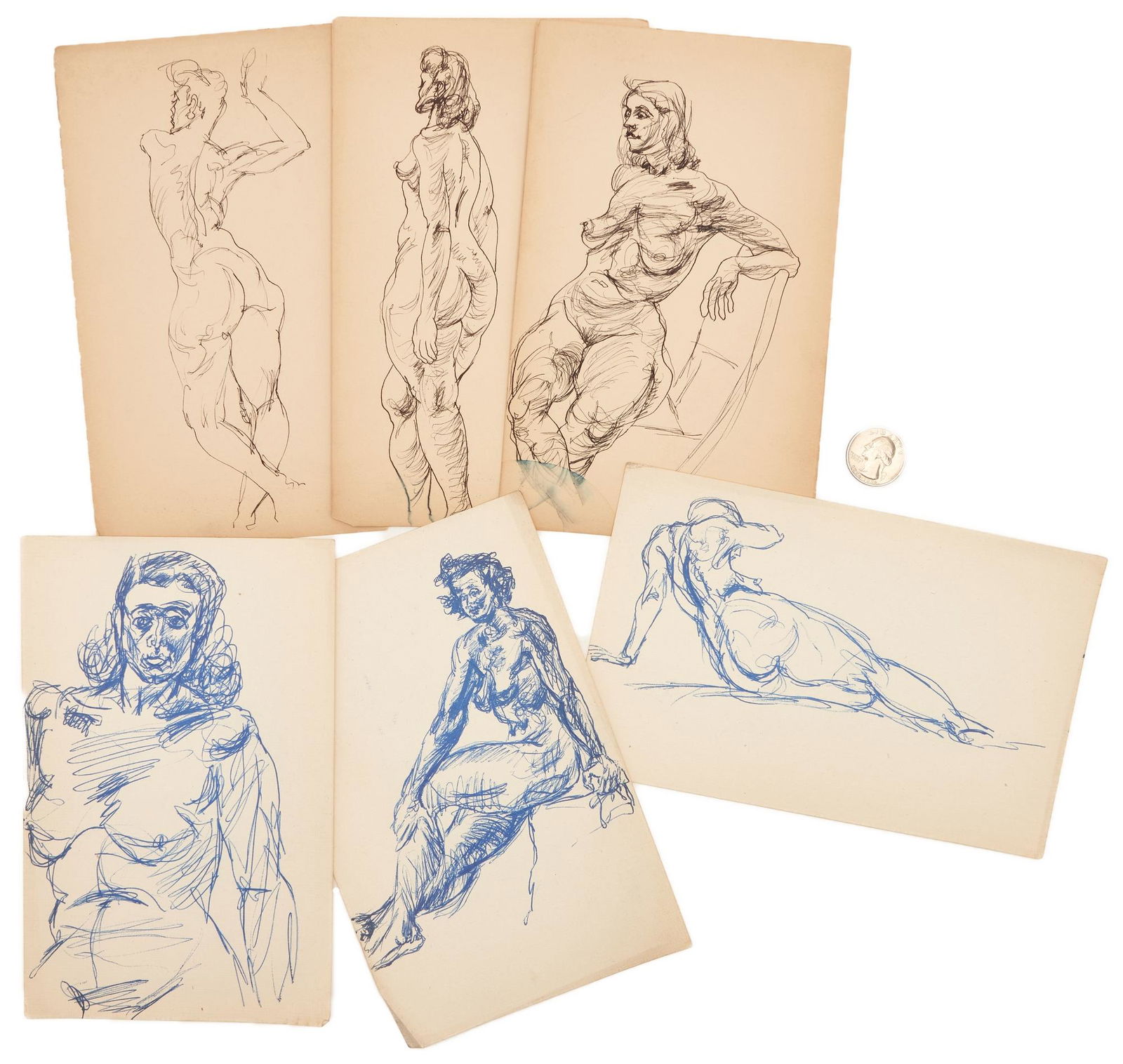 6 Joseph Delaney Nude Figure or Portrait Drawings, incl. Signed: Six (6) Joseph Delaney (Tennessee/New York, 1904-1991) figural ink and pen sketches on paper including three (3) in blue ink on Japan paper and three (3) in black ink on heavy wove paper. 1st item: 3/