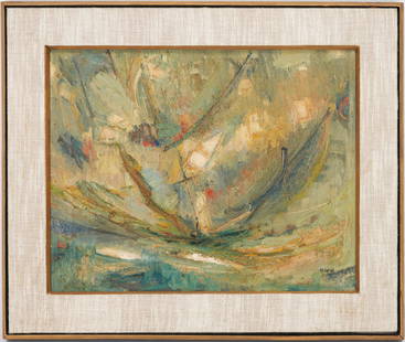 Merton Simpson O/C Abstract Expressionist Painting: Merton D. Simpson (1928-2013, active/lived in New York, South Carolina, Africa) oil on canvas Expressionist painting depicting a boat in a tumultuous sea. Signed lower right in block letters "M. D. Si