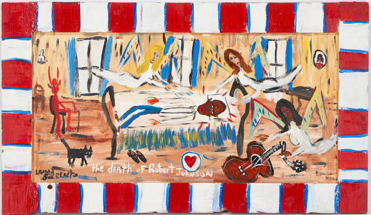 Lamar Sorrento, O/B Painting, Death of Robert Johnson: Lamar Sorrento (Tennessee, 20th/21st Century) folk art acrylic on board horizontally oriented painting titled "The Death of Robert Johnson" depicting American blues musician Robert Johnson lying in a