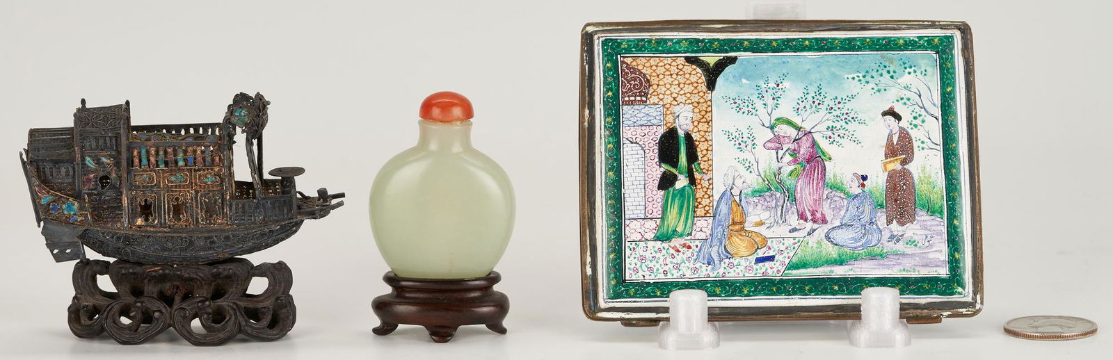 3 Asian Items: Miniature Export Silver Ship, Jade Snuff Bottle, Persian Enamel Case (1 of 15)