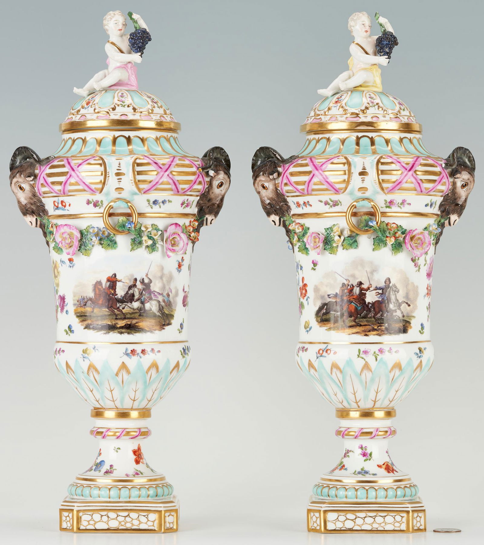 Pr. Large KPM Neoclassical Porcelain Covered Urns, Battle Scenes (1 of 18)