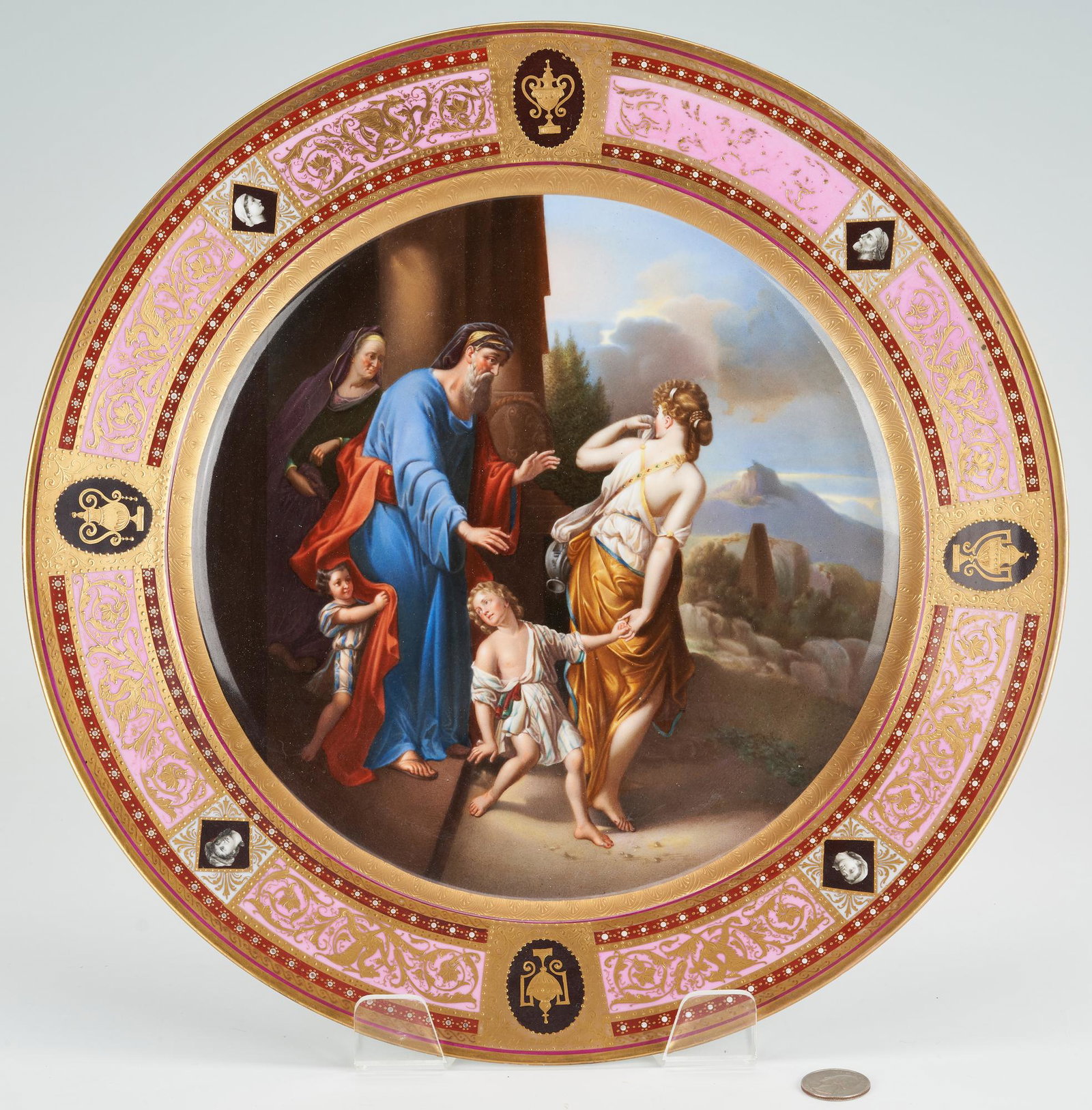 Royal Vienna Porcelain Charger, The Expulsion of Hagar: Royal Vienna hand-painted porcelain charger titled "Verstosung der Hagar" depicting Abraham expelling Hagar and their son Ishmael as his wife Sarah observes from behind and his son Isaac looks on from