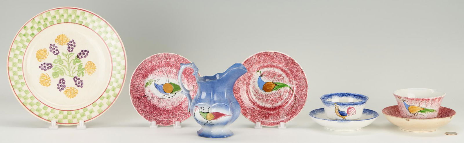 7 English Spatterware Items, incl. Peafowl + 1 Spongeware Plate (1 of 17)