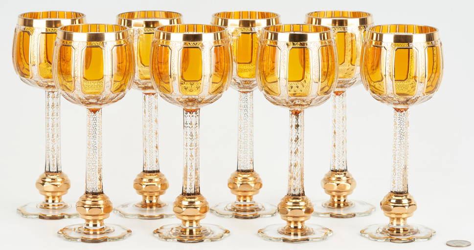 Set of 8 Moser Art Glass Cabochon Amber Goblets (0314) on Jan 28, 2023