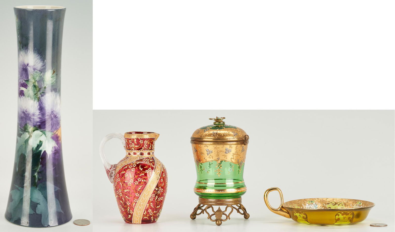 4 Decorative Items, 3 Moser Gilt Enameled Glass, incl. Signed Jar & Belleek Thistle Vase (1 of 20)