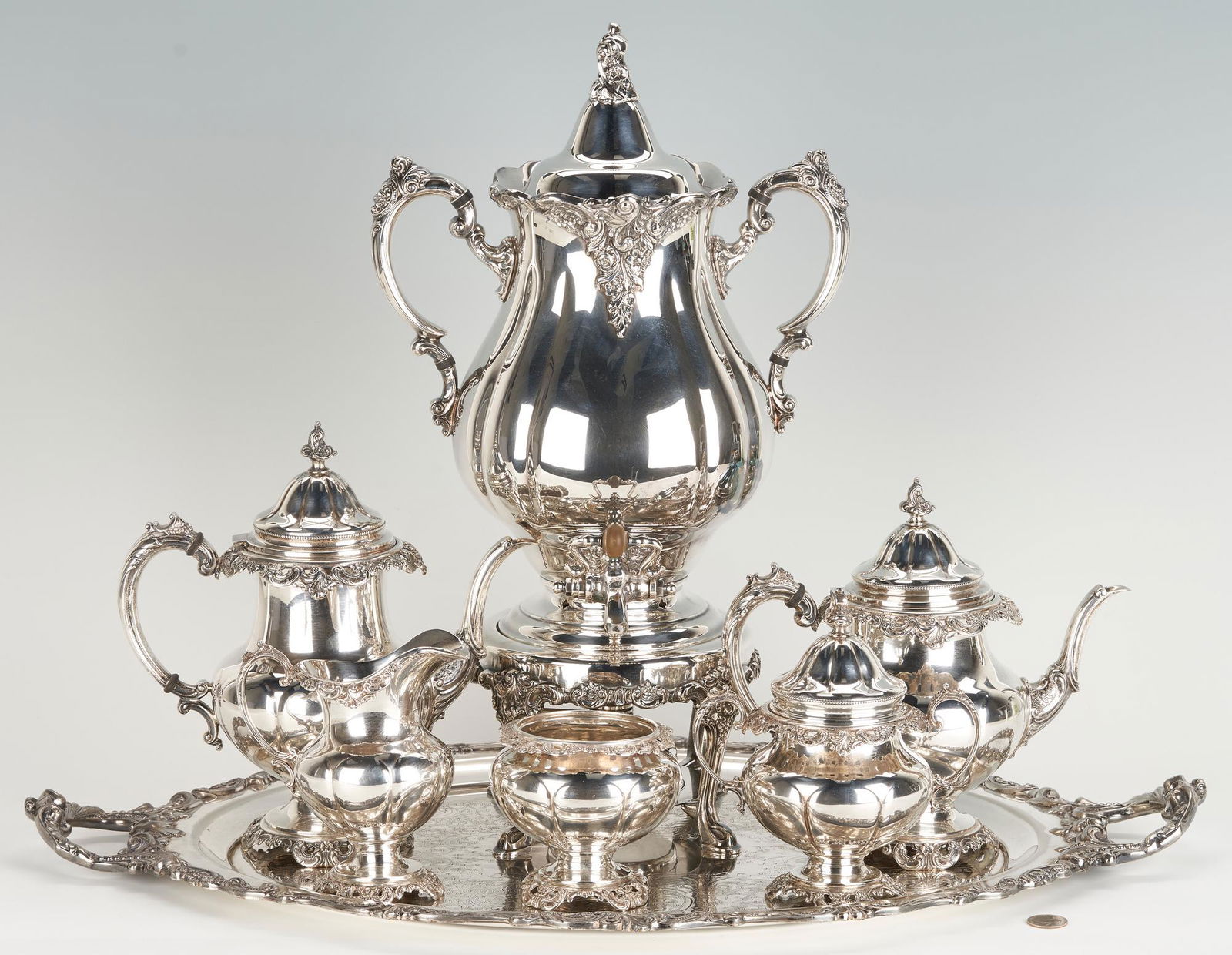 7 pcs. Wallace Grand Baroque Sterling Tea Set, plus Silverplate Urn & Tray (1 of 20)