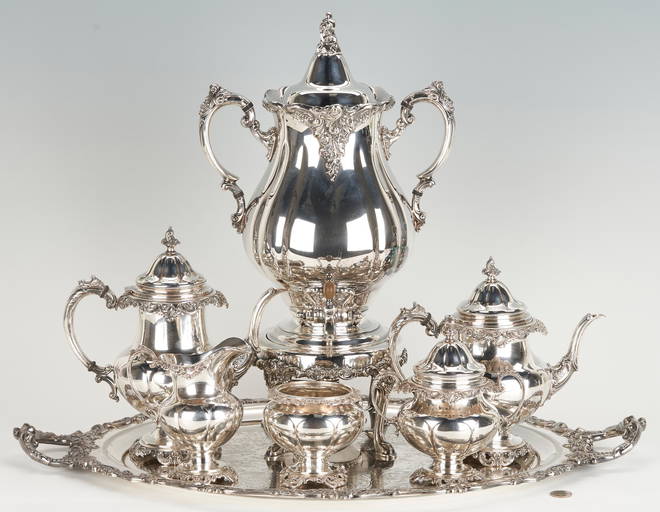 7 pcs. Wallace Grand Baroque Sterling Tea Set, plus Silverplate Urn