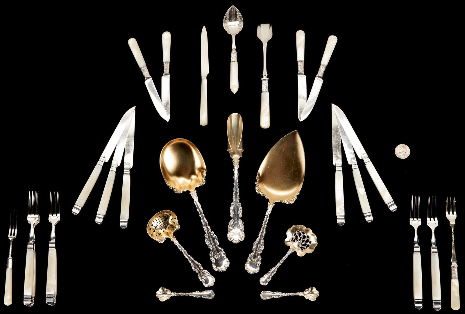 28 pcs Flatware: Whiting Sterling Silver Dessert Service plus Mother of Pearl Handled Flatware (1 of 10)