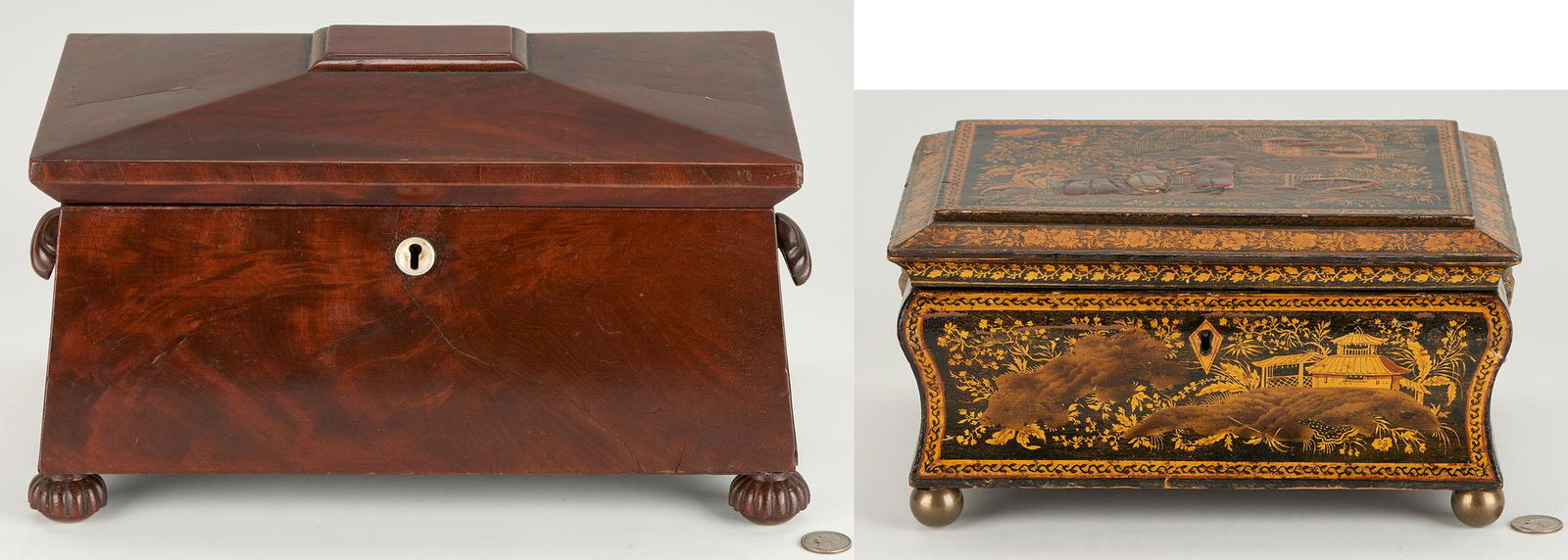 Regency Sarcophagus Tea Caddy & Chinese Export Lacquer Sewing Box (1 of 20)