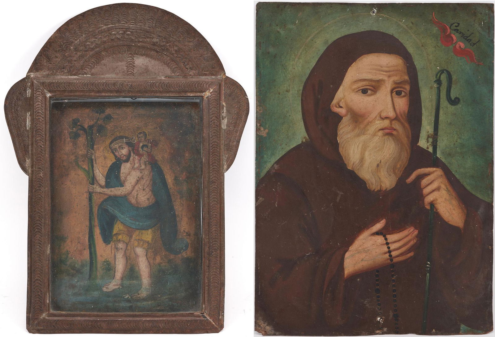 2 Mexican Folk Art Retablos, St. Christopher & St. Francis of Paola (1 of 15)