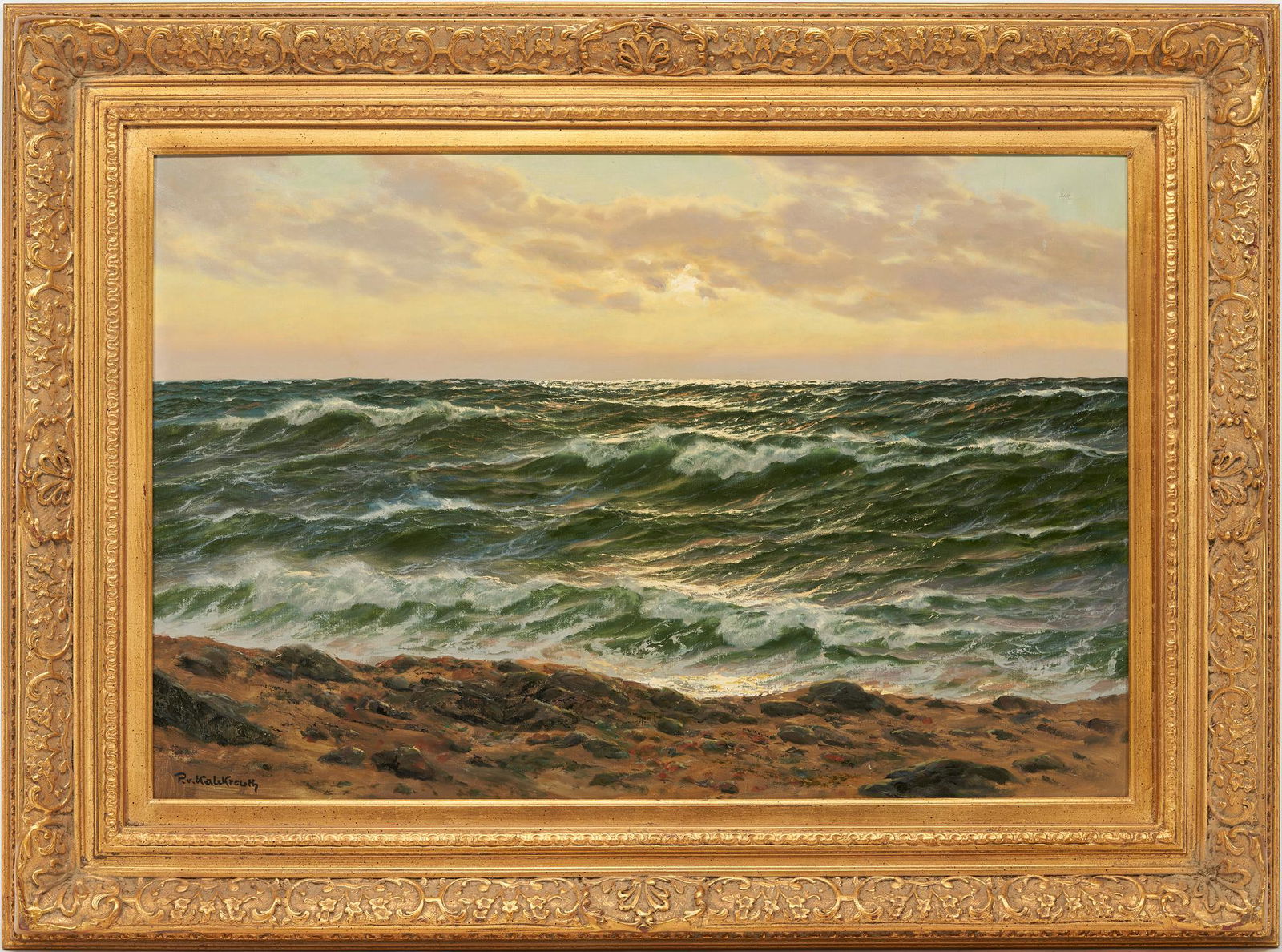 Patrick von Kalckreuth Large O/C Marine Landscape Painting: Patrick von Kalckreuth (Germany, 1892/98-1970) oil on canvas coastal landscape painting depicting waves breaking as they approach the shore under an evening sky. Signed "P.v. Kalckreuth" lower left. H