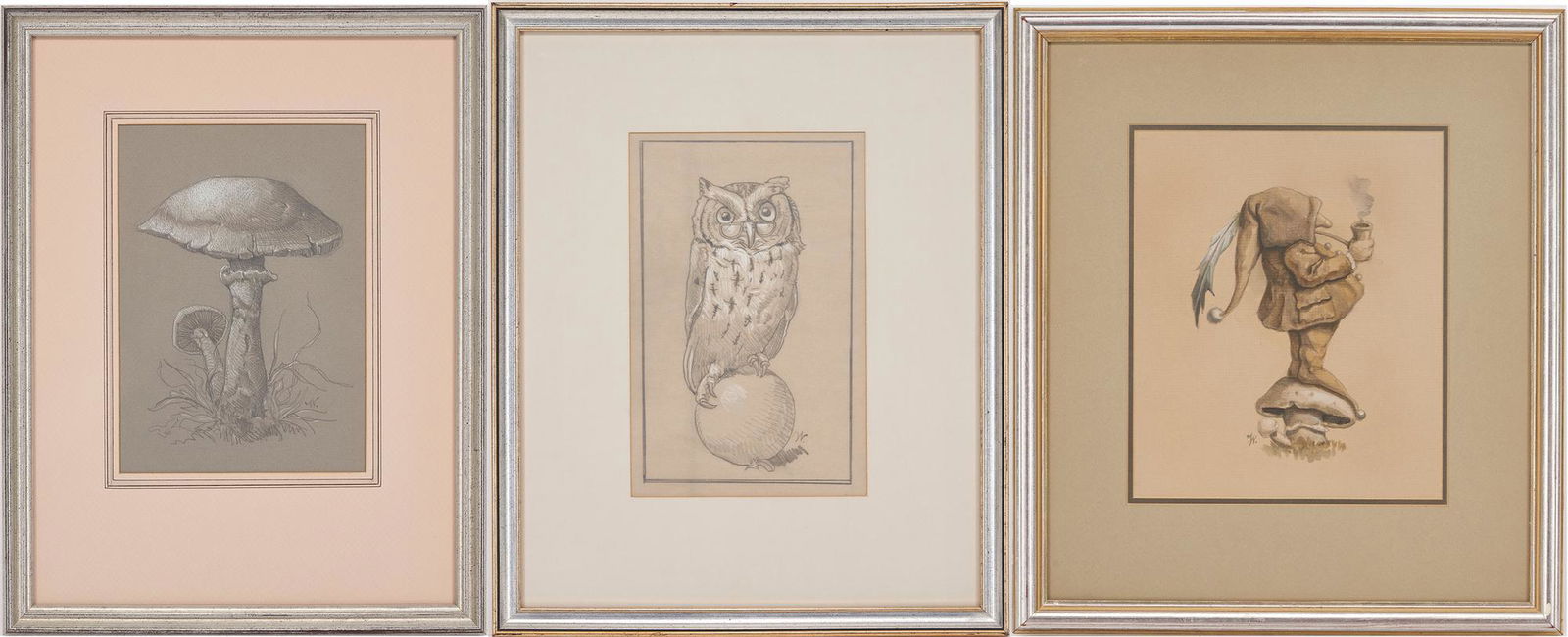 3 Werner Wildner Artworks, incl. Gnome, Owl, Mushrooms (1 of 14)
