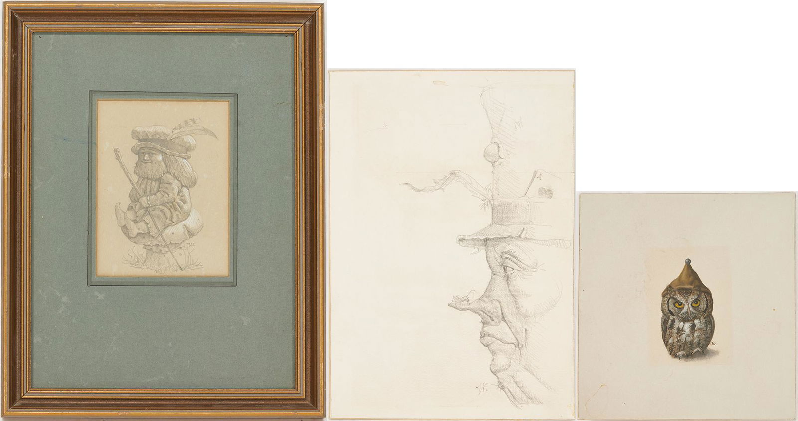 3 Werner Wildner Artworks on Paper, incl. Gnome, Owl, Male Profile (1 of 19)