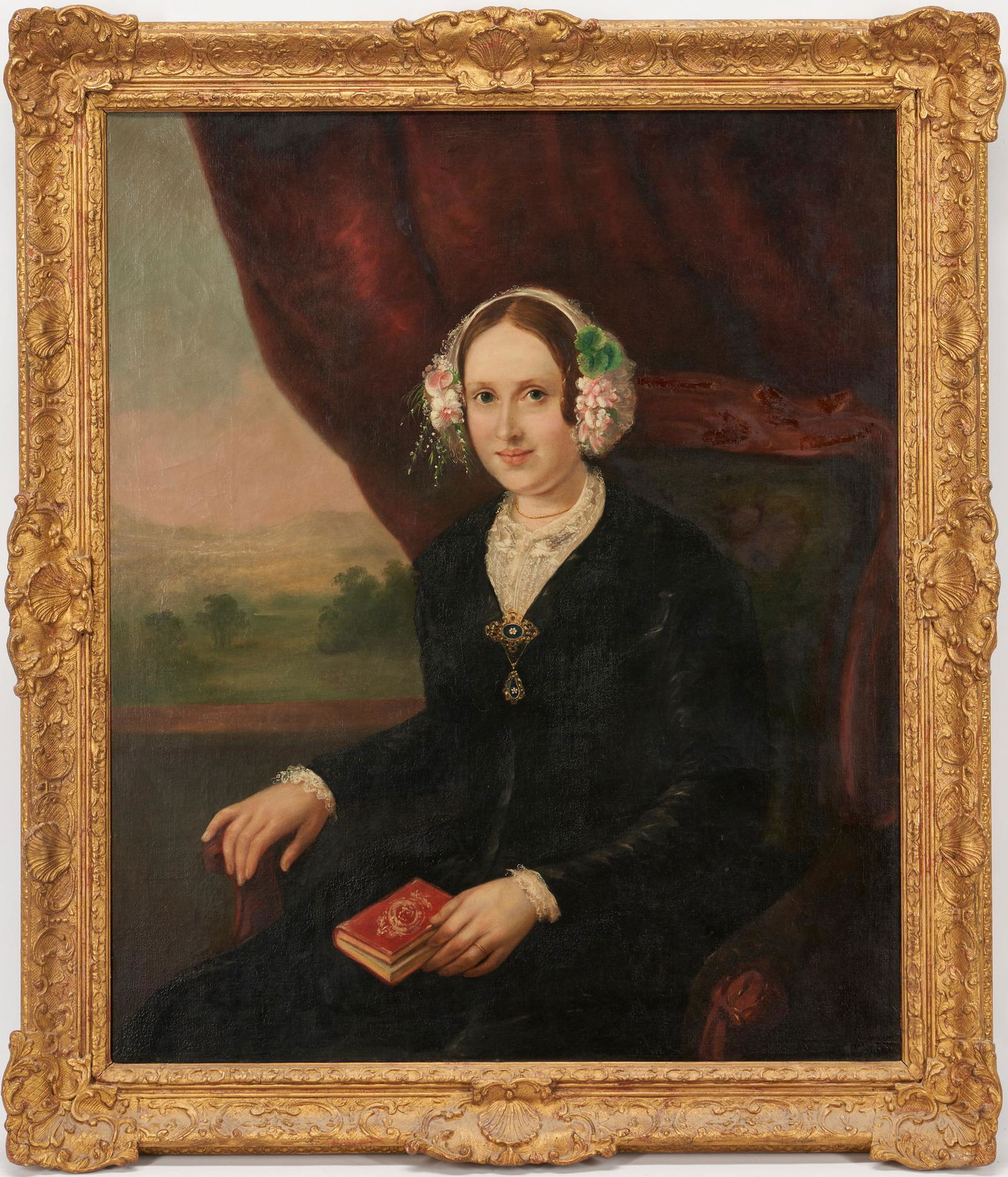 TN Portrait of a Young Woman, possibly W. H. Scarborough: Tennessee oil on canvas portrait painting of a young woman, possibly by William Harrison Scarborough (TN/SC, 1812-1871). The woman wears a head covering adorned with flowers and smiles as she looks di
