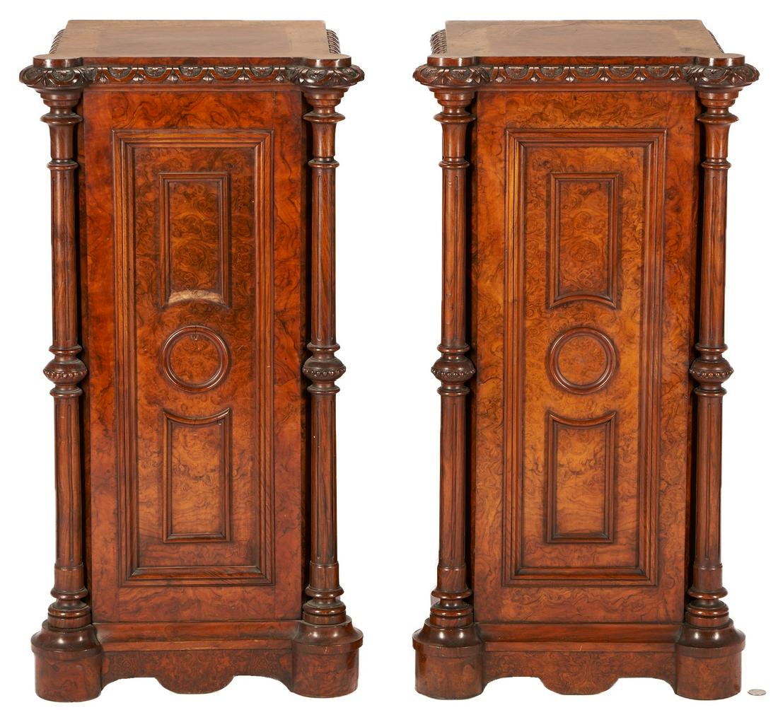 Pair of Continental Renaissance Revival Burlwood Pedestals: Pair (2) of Continental Renaissance Revival burlwood veneer pedestals, square form with projecting front corners, carved frieze above front panels with surround molding flanked by fully turned columns