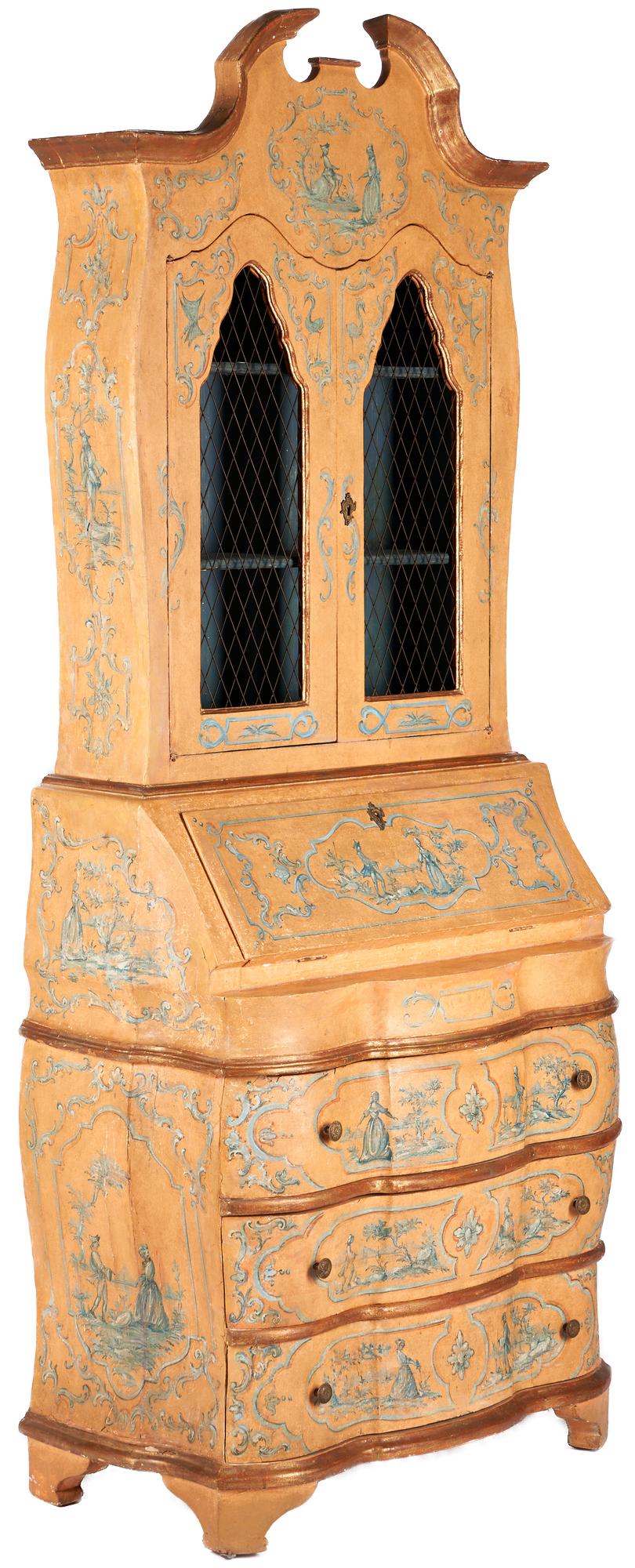 Baroque style Lacca Povera Paint Decorated Secretary Bookcase (1 of 15)
