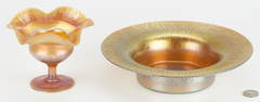 2 Tiffany Favrile Iridescent Glass Pieces, Bowl & Ruffle Rim Compote