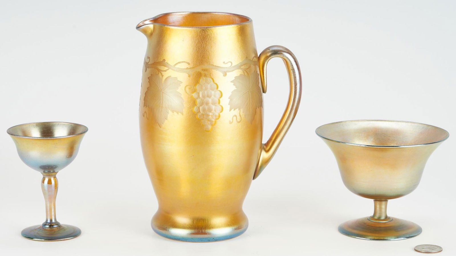 3 pcs. Tiffany Favrile Iridescent Art Glass, incl. Grapevine Etched Pitcher (1 of 11)