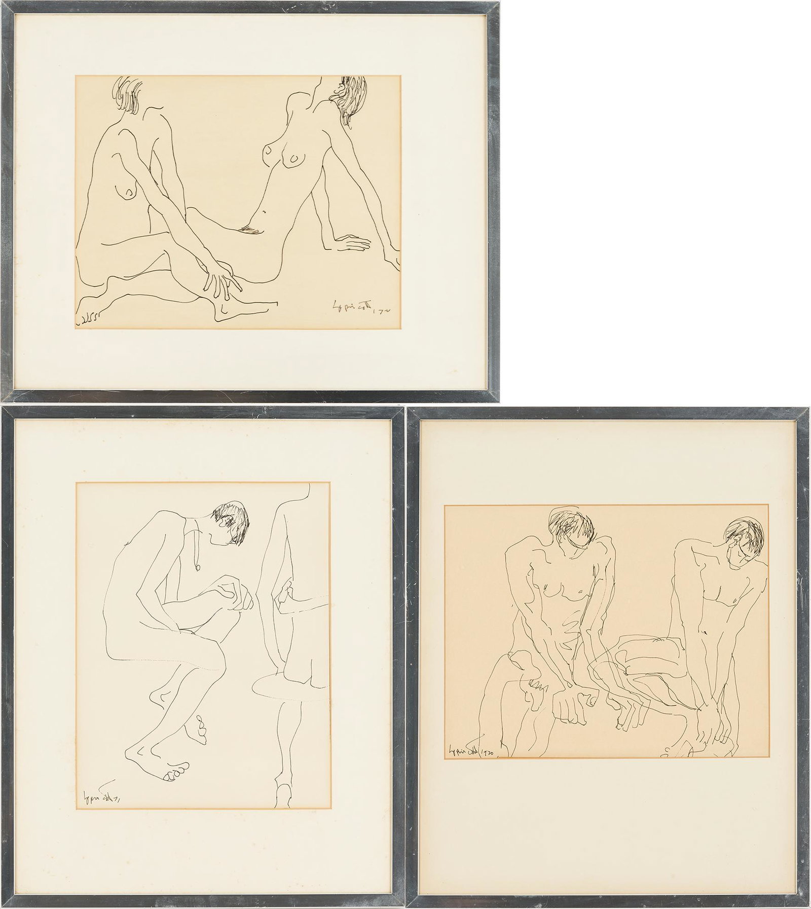 3 Janet Lippincott Nude Figure Study Drawings: Three (3) Janet Lippincott (New Mexico, 1918-2007) pen and ink on paper modernist drawings, each depicting two nude male or female figures. All signed Lippincott in lower left or right corners. One da