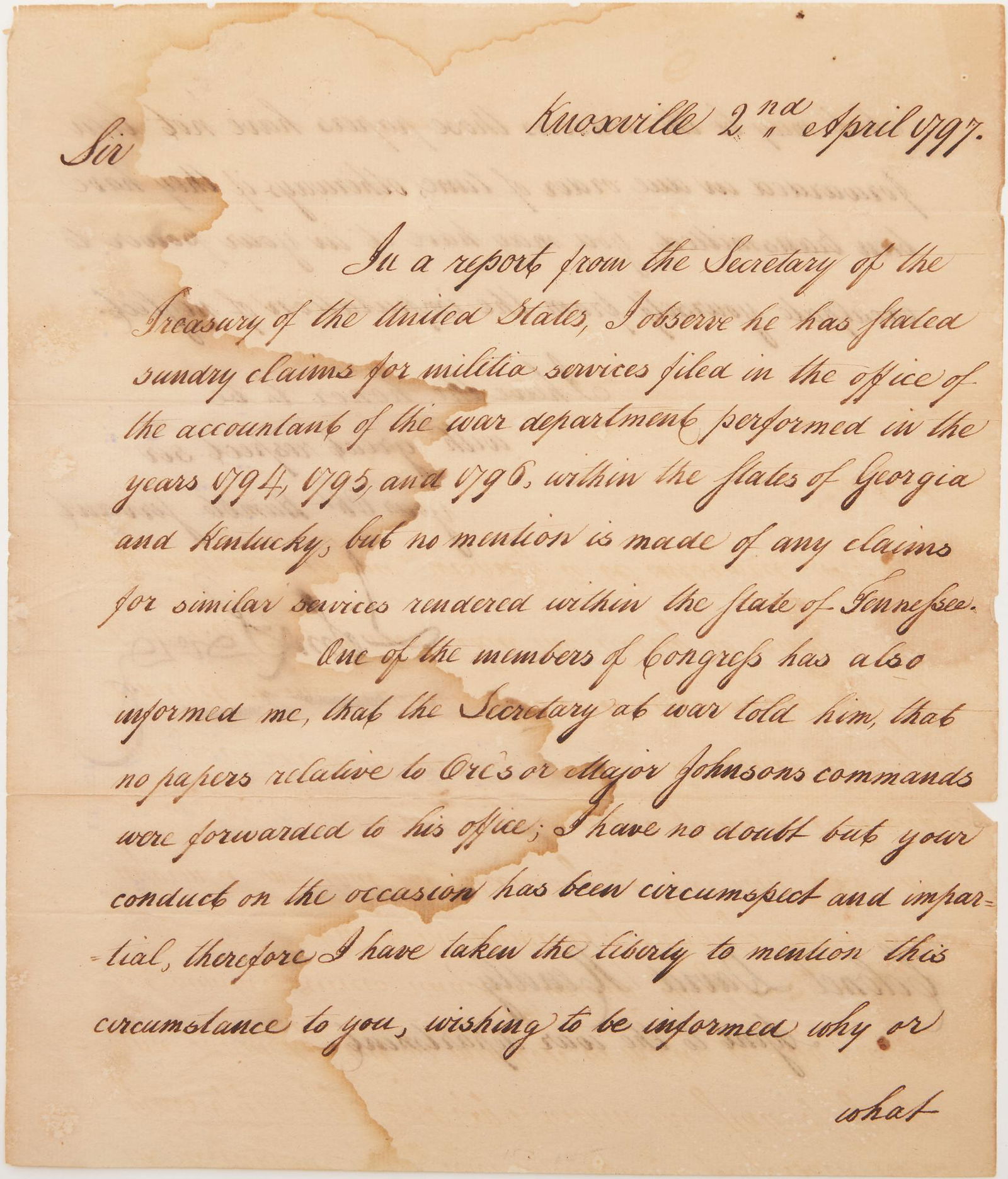TN Gov. John Sevier Signed Letter, Knoxville Henley Interest, 1797 (1 of 7)