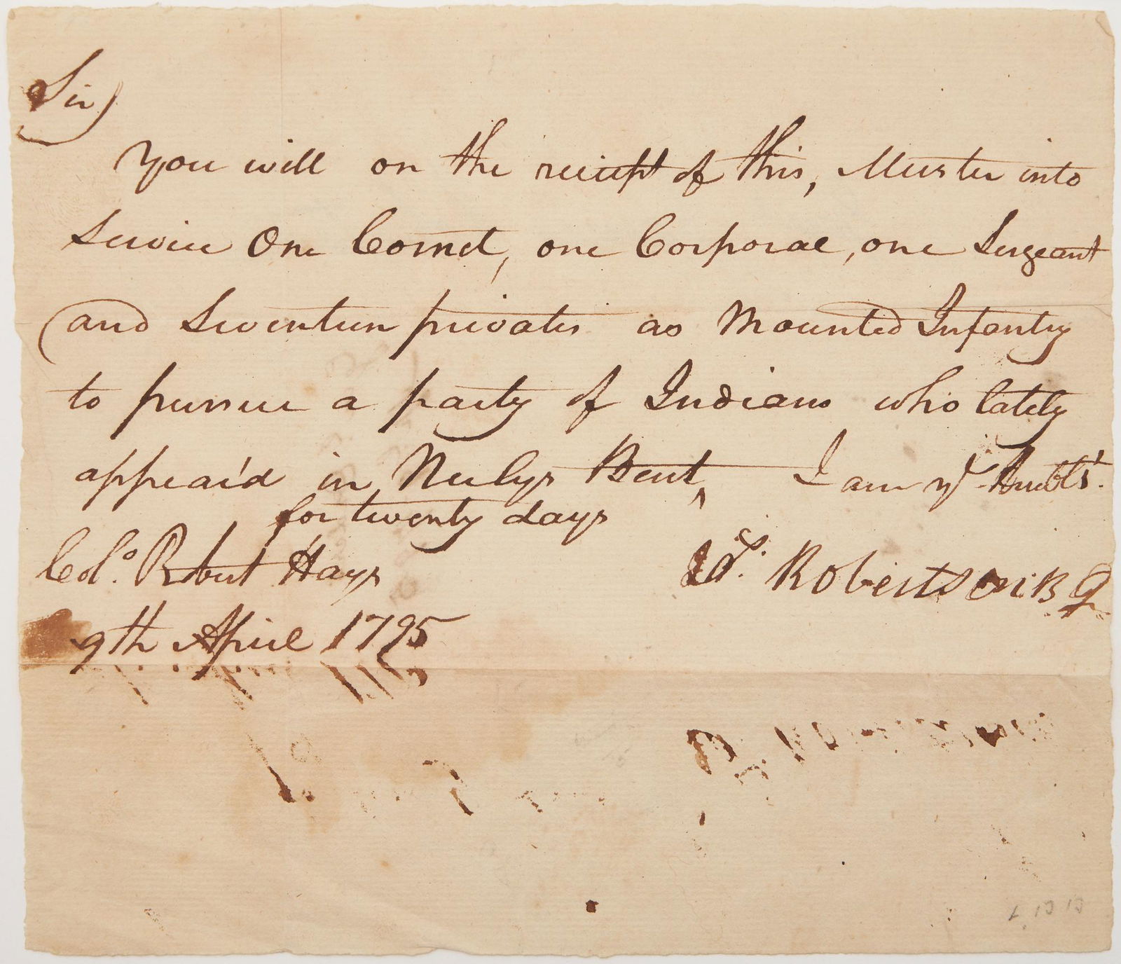 Gen. James Robertson Indian Orders to Col. Robert Hays, 1795: Native American and Tennessee related ALS. One page handwritten letter on laid paper from the "Father of Middle Tennessee" Brigadier General James Robertson (1742-1814), addressed to Colonel Robert Ha