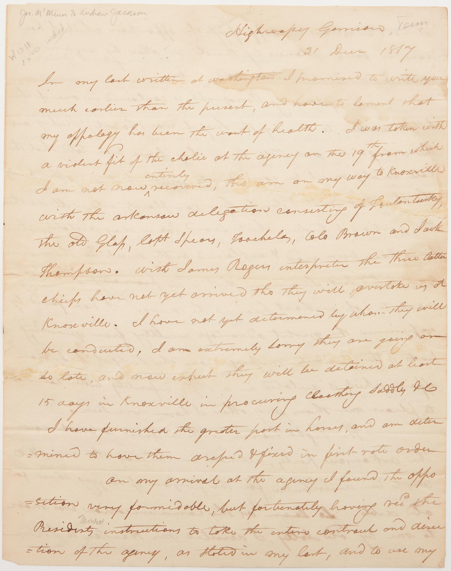 TN Gov. McMinn ALS to Maj. Gen. Andrew Jackson, Cherokee Related, 1817 (1 of 7)